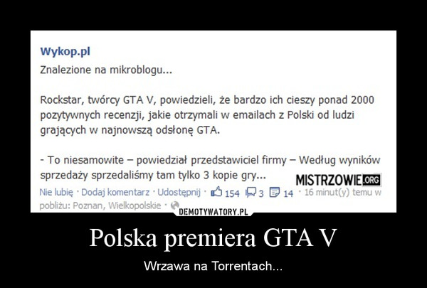 Polska premiera GTA V – Wrzawa na Torrentach... 