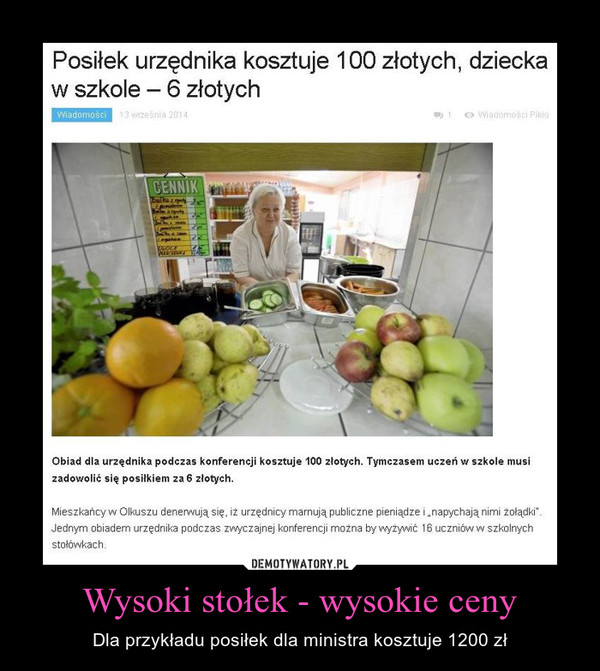 Wysoki stołek - wysokie ceny – Dla przykładu posiłek dla ministra kosztuje 1200 zł 
