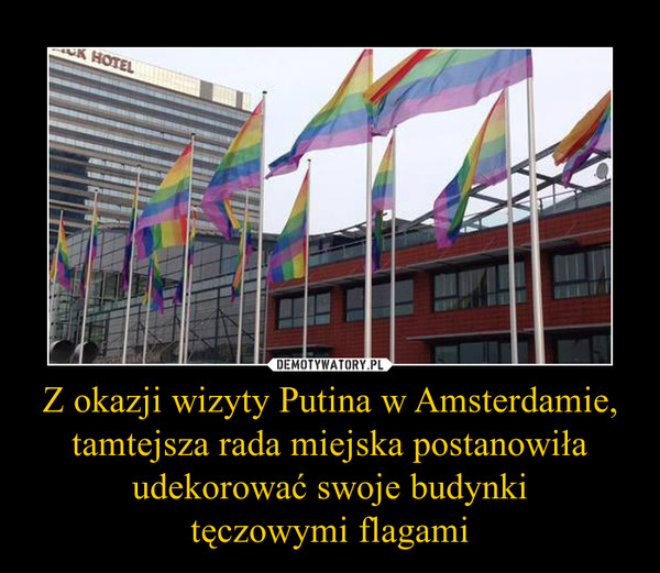 Z okazji wizyty Putina w Amsterdamie,
tamtejsza rada miejska postanowiła udekorować swoje budynki
tęczowymi flagami