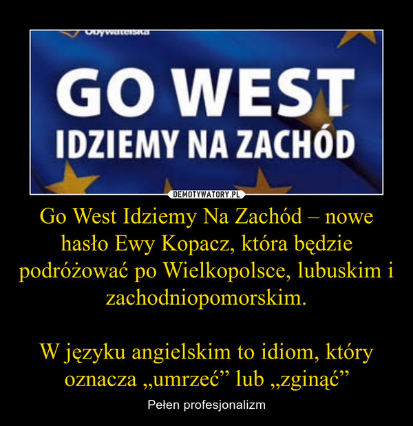 Go West Idziemy Na Zachód – nowe hasło Ewy Kopacz, która będzie podróżować po Wielkopolsce, lubuskim i zachodniopomorskim.W języku angielskim to idiom, który oznacza „umrzeć” lub „zginąć” – Pełen profesjonalizm 