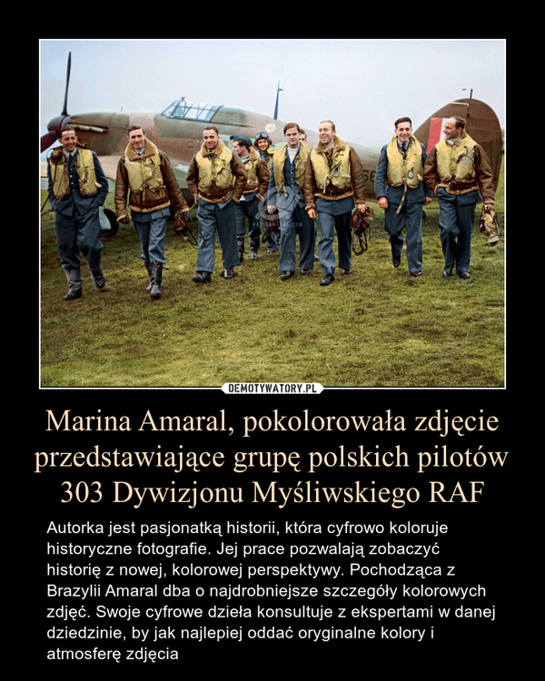 Marina Amaral, pokolorowała zdjęcie przedstawiające grupę polskich pilotów 303 Dywizjonu Myśliwskiego RAF