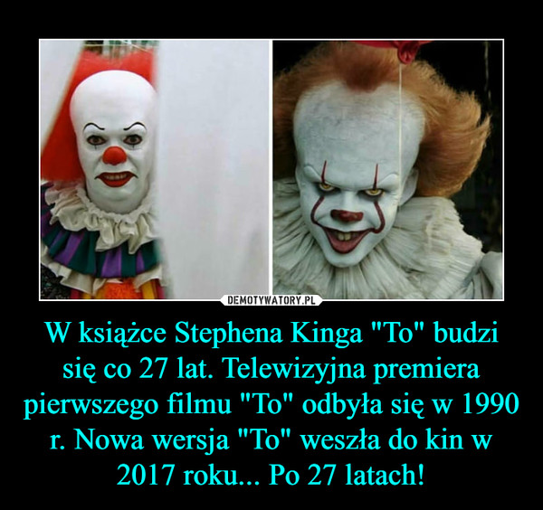 W książce Stephena Kinga "To" budzi się co 27 lat. Telewizyjna premiera pierwszego filmu "To" odbyła się w 1990 r. Nowa wersja "To" weszła do kin w 2017 roku... Po 27 latach! –  