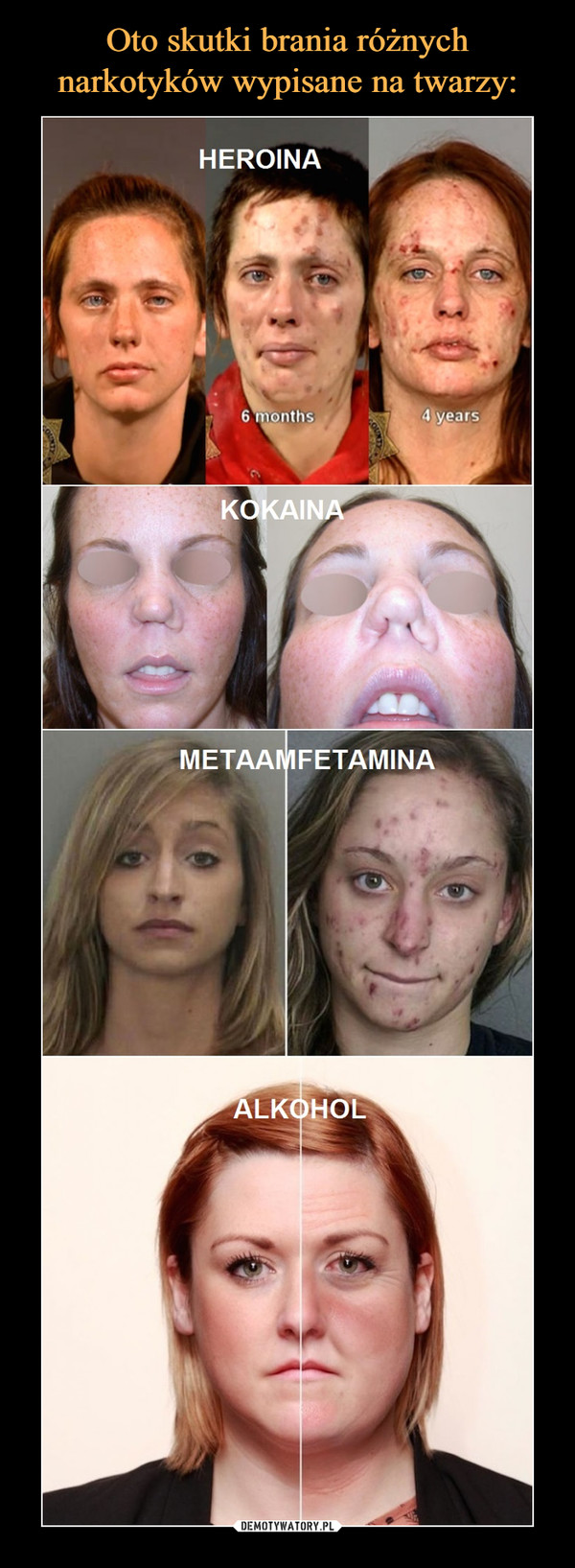 Oto skutki brania różnych narkotyków wypisane na twarzy: