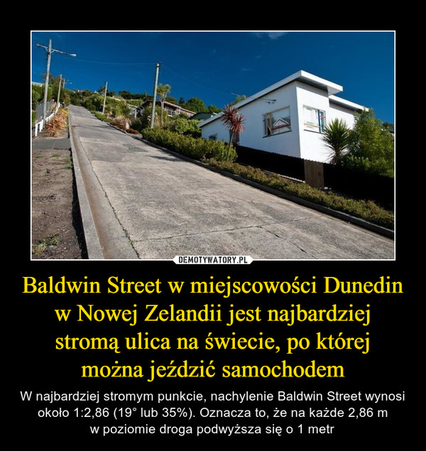 Baldwin Street w miejscowości Dunedin w Nowej Zelandii jest najbardziej stromą ulica na świecie, po którejmożna jeździć samochodem – W najbardziej stromym punkcie, nachylenie Baldwin Street wynosi około 1:2,86 (19° lub 35%). Oznacza to, że na każde 2,86 mw poziomie droga podwyższa się o 1 metr 