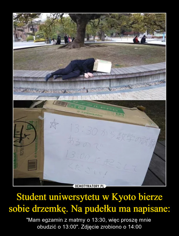 Student uniwersytetu w Kyoto bierze sobie drzemkę. Na pudełku ma napisane: