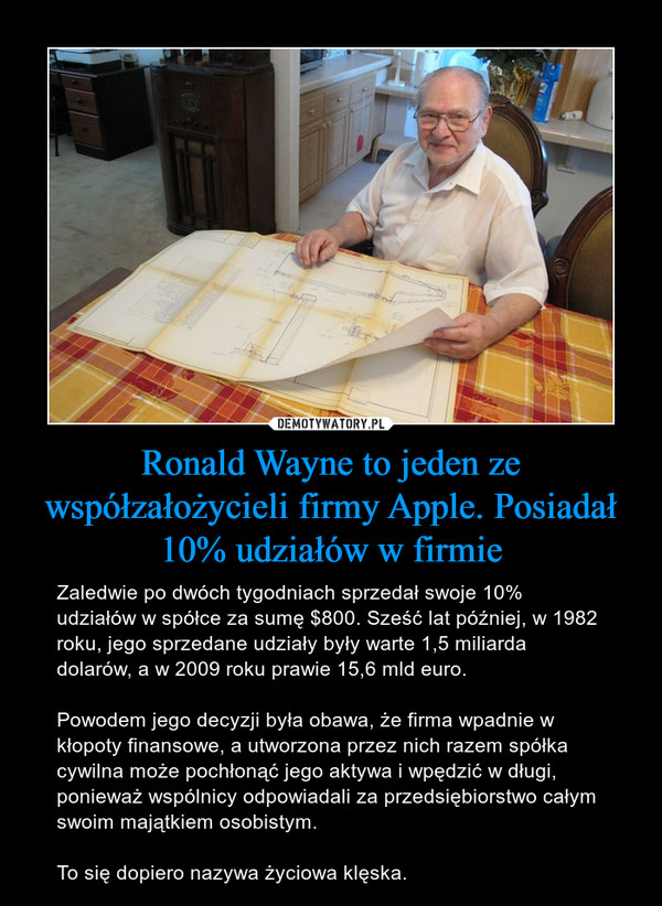 Ronald Wayne to jeden ze współzałożycieli firmy Apple. Posiadał 10% udziałów w firmie