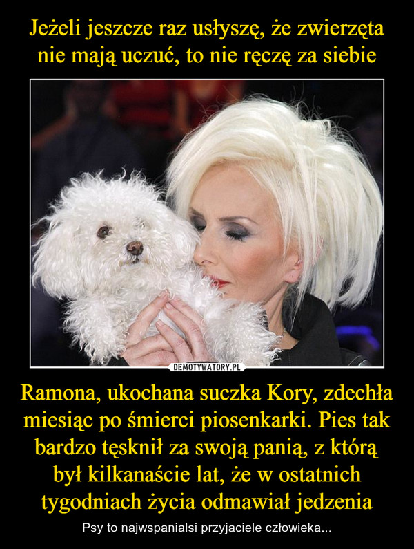 Ramona, ukochana suczka Kory, zdechła miesiąc po śmierci piosenkarki. Pies tak bardzo tęsknił za swoją panią, z którą był kilkanaście lat, że w ostatnich tygodniach życia odmawiał jedzenia – Psy to najwspanialsi przyjaciele człowieka... 