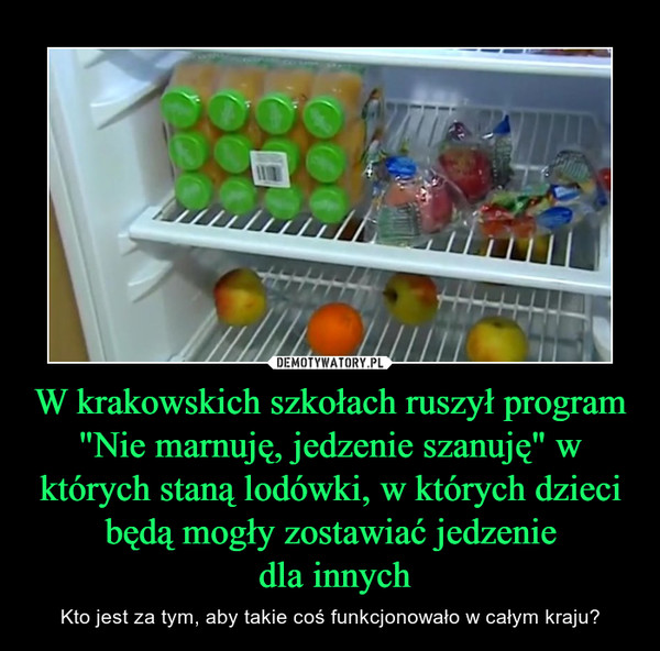 W krakowskich szkołach ruszył program "Nie marnuję, jedzenie szanuję" w których staną lodówki, w których dzieci będą mogły zostawiać jedzenie dla innych – Kto jest za tym, aby takie coś funkcjonowało w całym kraju? 