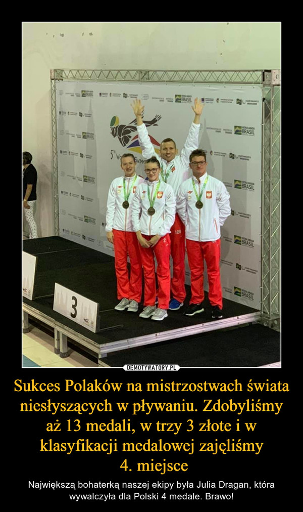 Sukces Polaków na mistrzostwach świata niesłyszących w pływaniu. Zdobyliśmy aż 13 medali, w trzy 3 złote i w klasyfikacji medalowej zajęliśmy
 4. miejsce