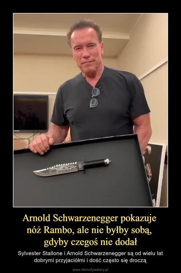 Arnold Schwarzenegger pokazuje nóż Rambo, ale nie byłby sobą, gdyby czegoś nie dodał – Sylvester Stallone i Arnold Schwarzenegger są od wielu lat dobrymi przyjaciółmi i dość często się droczą 