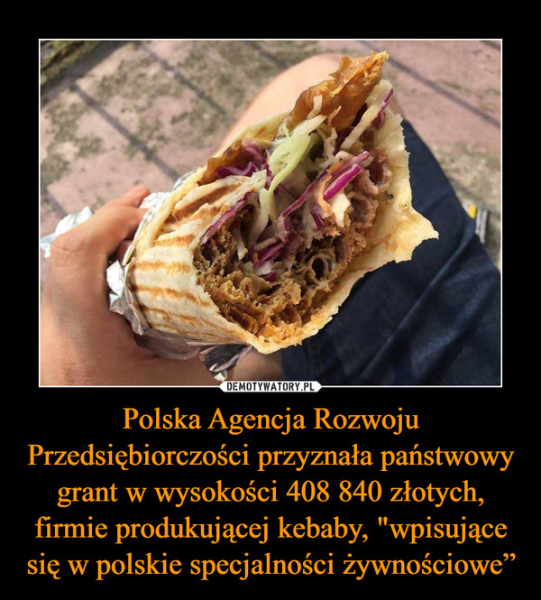 Polska Agencja Rozwoju Przedsiębiorczości przyznała państwowy grant w wysokości 408 840 złotych, firmie produkującej kebaby, "wpisujące się w polskie specjalności żywnościowe”