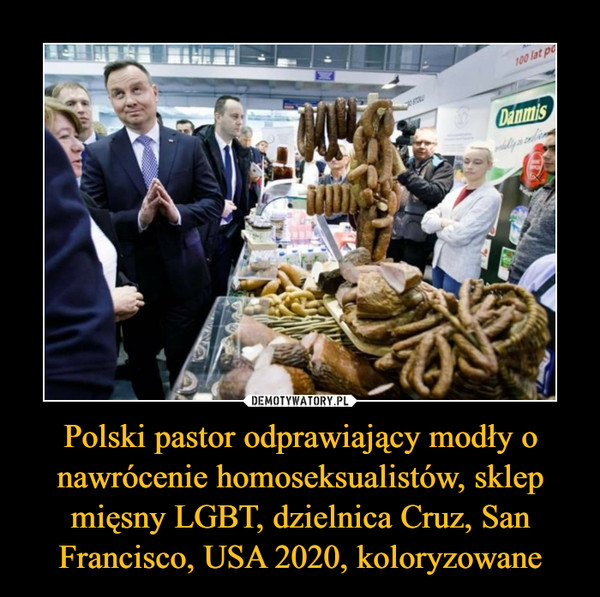 Polski pastor odprawiający modły o nawrócenie homoseksualistów, sklep mięsny LGBT, dzielnica Cruz, San Francisco, USA 2020, koloryzowane