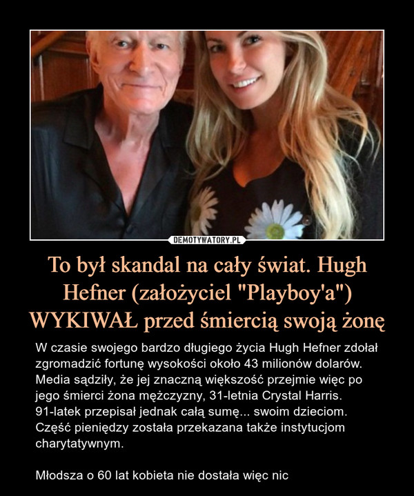 To był skandal na cały świat. Hugh Hefner (założyciel "Playboy'a") WYKIWAŁ przed śmiercią swoją żonę