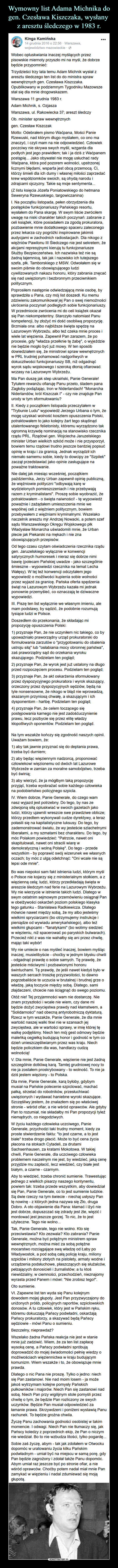 Wymowny list Adama Michnika do gen. Czesława Kiszczaka, wysłany 
z aresztu śledczego w 1983 r.
