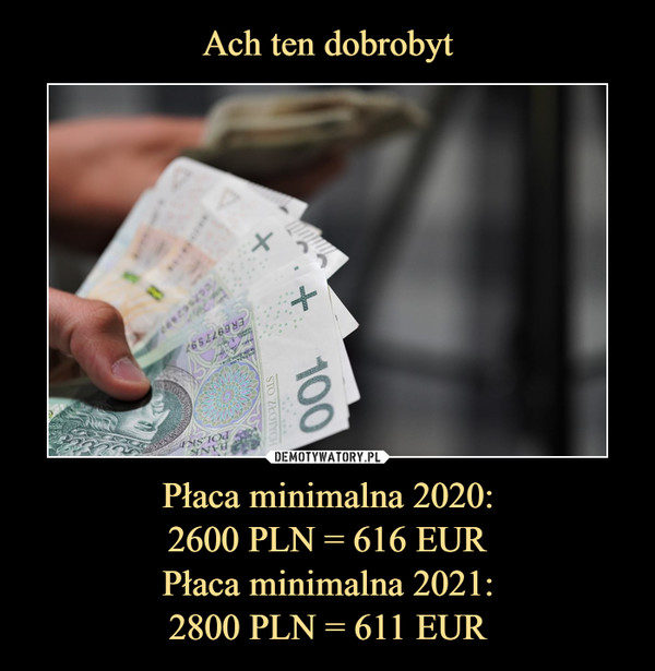 Płaca minimalna 2020:2600 PLN = 616 EURPłaca minimalna 2021:2800 PLN = 611 EUR –  
