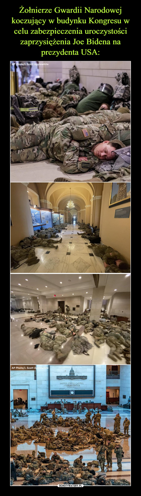 Żołnierze Gwardii Narodowej koczujący w budynku Kongresu w celu zabezpieczenia uroczystości zaprzysiężenia Joe Bidena na prezydenta USA: