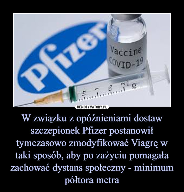 W związku z opóźnieniami dostaw szczepionek Pfizer postanowił tymczasowo zmodyfikować Viagrę w taki sposób, aby po zażyciu pomagała zachować dystans społeczny - minimum półtora metra