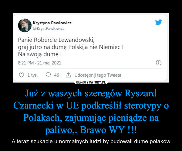 Już z waszych szeregów Ryszard Czarnecki w UE podkreślił sterotypy o Polakach, zajumując pieniądze na paliwo,. Brawo WY !!!