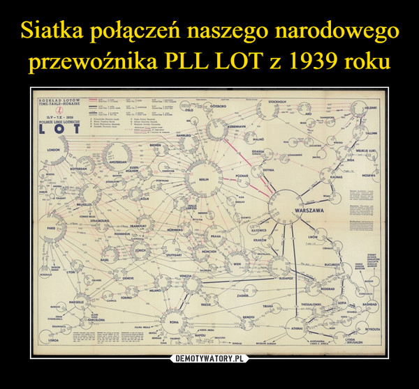 Siatka połączeń naszego narodowego przewoźnika PLL LOT z 1939 roku