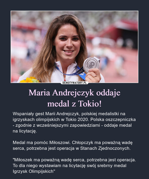 Maria Andrejczyk oddaje
medal z Tokio!