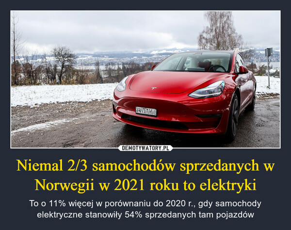 Niemal 2/3 samochodów sprzedanych w Norwegii w 2021 roku to elektryki – To o 11% więcej w porównaniu do 2020 r., gdy samochody elektryczne stanowiły 54% sprzedanych tam pojazdów 