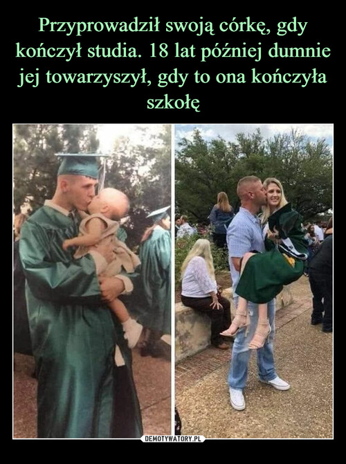 Przyprowadził swoją córkę, gdy kończył studia. 18 lat później dumnie jej towarzyszył, gdy to ona kończyła szkołę