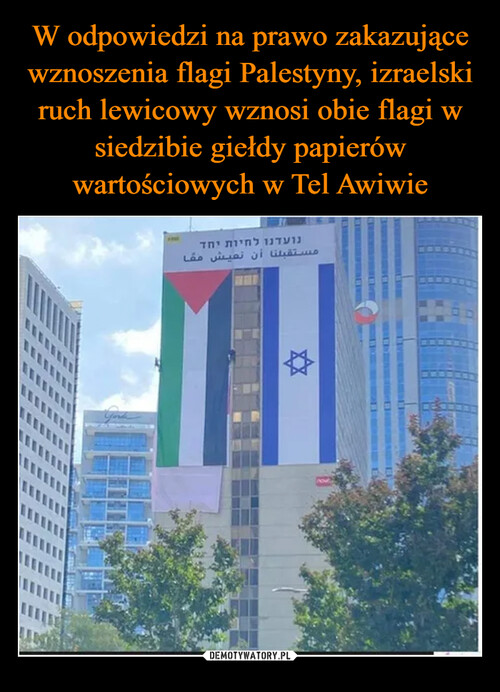 W odpowiedzi na prawo zakazujące wznoszenia flagi Palestyny, izraelski ruch lewicowy wznosi obie flagi w siedzibie giełdy papierów wartościowych w Tel Awiwie