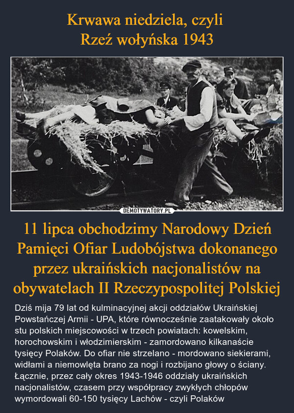 11 lipca obchodzimy Narodowy Dzień Pamięci Ofiar Ludobójstwa dokonanego przez ukraińskich nacjonalistów na obywatelach II Rzeczypospolitej Polskiej – Dziś mija 79 lat od kulminacyjnej akcji oddziałów Ukraińskiej Powstańczej Armii - UPA, które równocześnie zaatakowały około stu polskich miejscowości w trzech powiatach: kowelskim, horochowskim i włodzimierskim - zamordowano kilkanaście tysięcy Polaków. Do ofiar nie strzelano - mordowano siekierami, widłami a niemowlęta brano za nogi i rozbijano głowy o ściany. Łącznie, przez cały okres 1943-1946 oddziały ukraińskich nacjonalistów, czasem przy współpracy zwykłych chłopów wymordowali 60-150 tysięcy Lachów - czyli Polaków 