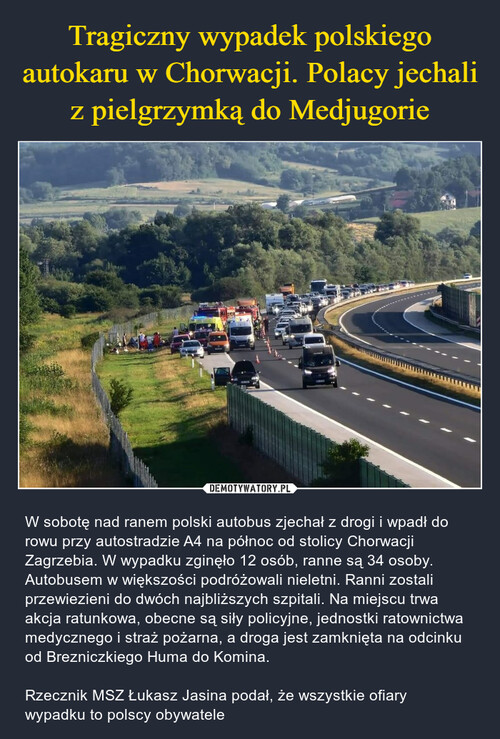 Tragiczny wypadek polskiego autokaru w Chorwacji. Polacy jechali z pielgrzymką do Medjugorie