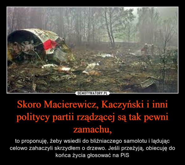 Skoro Macierewicz, Kaczyński i inni politycy partii rządzącej są tak pewni zamachu, – to proponuję, żeby wsiedli do bliźniaczego samolotu i lądując celowo zahaczyli skrzydłem o drzewo. Jeśli przeżyją, obiecuję do końca życia głosować na PiS 
