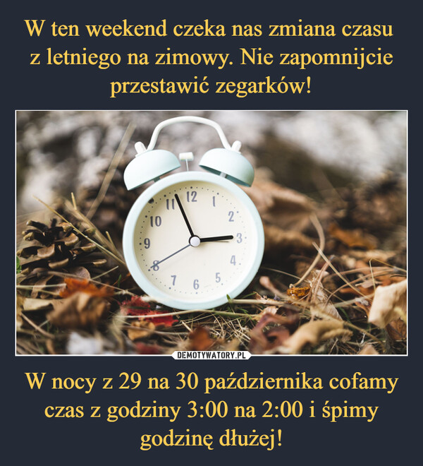 W nocy z 29 na 30 października cofamy czas z godziny 3:00 na 2:00 i śpimy godzinę dłużej! –  