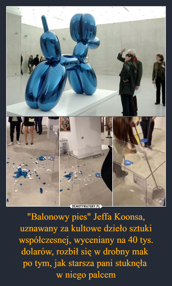 "Balonowy pies" Jeffa Koonsa, uznawany za kultowe dzieło sztuki współczesnej, wyceniany na 40 tys. dolarów, rozbił się w drobny mak 
po tym, jak starsza pani stuknęła 
w niego palcem