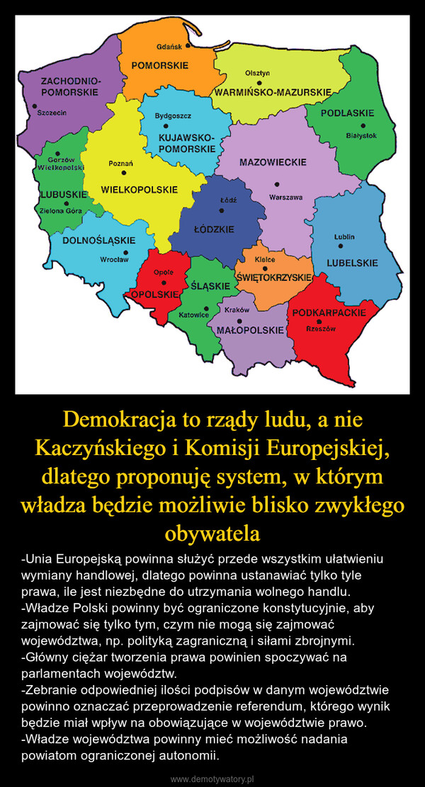Demokracja to rządy ludu, a nie Kaczyńskiego i Komisji Europejskiej, dlatego proponuję system, w którym władza będzie możliwie blisko zwykłego obywatela – -Unia Europejską powinna służyć przede wszystkim ułatwieniu wymiany handlowej, dlatego powinna ustanawiać tylko tyle prawa, ile jest niezbędne do utrzymania wolnego handlu.-Władze Polski powinny być ograniczone konstytucyjnie, aby zajmować się tylko tym, czym nie mogą się zajmować województwa, np. polityką zagraniczną i siłami zbrojnymi.-Główny ciężar tworzenia prawa powinien spoczywać na parlamentach województw.-Zebranie odpowiedniej ilości podpisów w danym województwie powinno oznaczać przeprowadzenie referendum, którego wynik będzie miał wpływ na obowiązujące w województwie prawo.-Władze województwa powinny mieć możliwość nadania powiatom ograniczonej autonomii. ZACHODNIO-POMORSKIESzczecinGorzówWielkopolskiLUBUSKIEZielona GóraPoznańPOMORSKIEGdańskDOLNOŚLĄSKIEWrocławBydgoszczWIELKOPOLSKIEKUJAWSKO-POMORSKIEOpoleOPOLSKIEWARMIŃSKO-MAZURSKIEŁódźŁÓDZKIEKatowiceŚLĄSKIEOlsztynMAZOWIECKIEWarszawaKielceŚWIĘTOKRZYSKIEKrakówMAŁOPOLSKIEPODLASKIEBiałystokLublinLUBELSKIEPODKARPACKIERzeszów