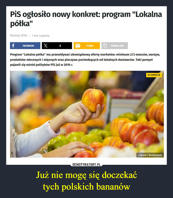 Już nie mogę się doczekaćtych polskich bananów –  PiS ogłosito nowy konkret: program "Lokalnapółka"Wczoraj, 07:02 1 min czytaniaf FACEBOOK XE-MAIL 10 KOPIUJ LINKProgram "Lokalna półka" ma przewidywać obowiązkową ofertę marketów: minimum 2/3 owoców, warzyw,produktów mlecznych i mięsnych oraz pieczywa pochodzących od lokalnych dostawców. Taki pomysłpojawił się wśród polityków PiS już w 2016 r.W SKRÓCIELDprod/ Shutterstock